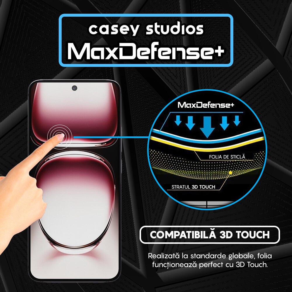 Folie Sticla CASEY STUDIOS™ compatibila cu Oppo Reno12 Pro, MaxDefense+, Anti Zgarieturi, Full Glue, Full Cover 3D, Protectie Ecran 3D, Duritate Ridicata, Margini Negre