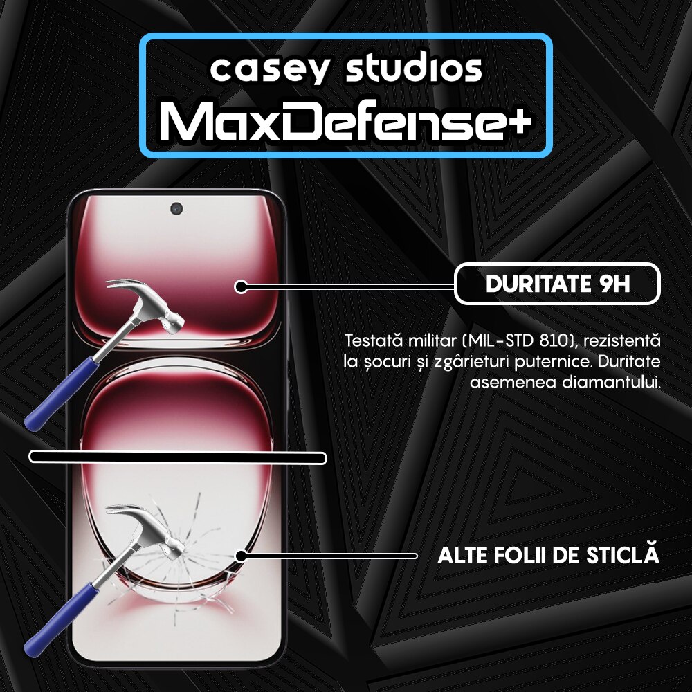 Folie Sticla CASEY STUDIOS™ compatibila cu Oppo Reno12 Pro, MaxDefense+, Anti Zgarieturi, Full Glue, Full Cover 3D, Protectie Ecran 3D, Duritate Ridicata, Margini Negre