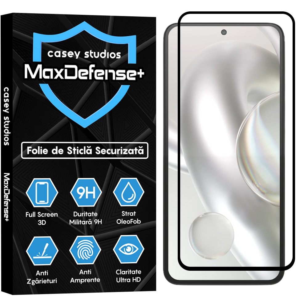 Folie Sticla CASEY STUDIOS™ compatibila cu Motorola Edge 30 Neo, MaxDefense+, Anti Zgarieturi, Full Glue, Full Cover 3D, Protectie Ecran 3D, Duritate Ridicata, Margini Negre