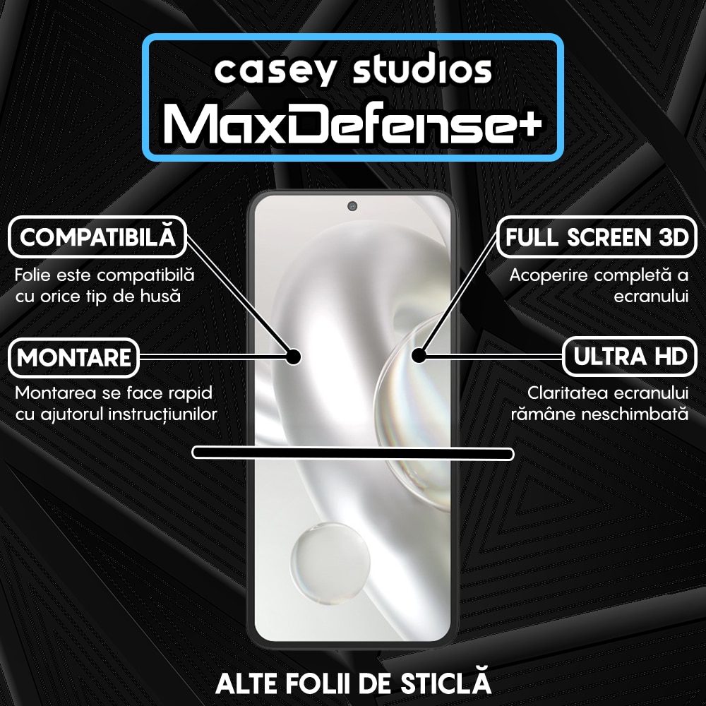 Folie Sticla CASEY STUDIOS™ compatibila cu Motorola Edge 30 Neo, MaxDefense+, Anti Zgarieturi, Full Glue, Full Cover 3D, Protectie Ecran 3D, Duritate Ridicata, Margini Negre