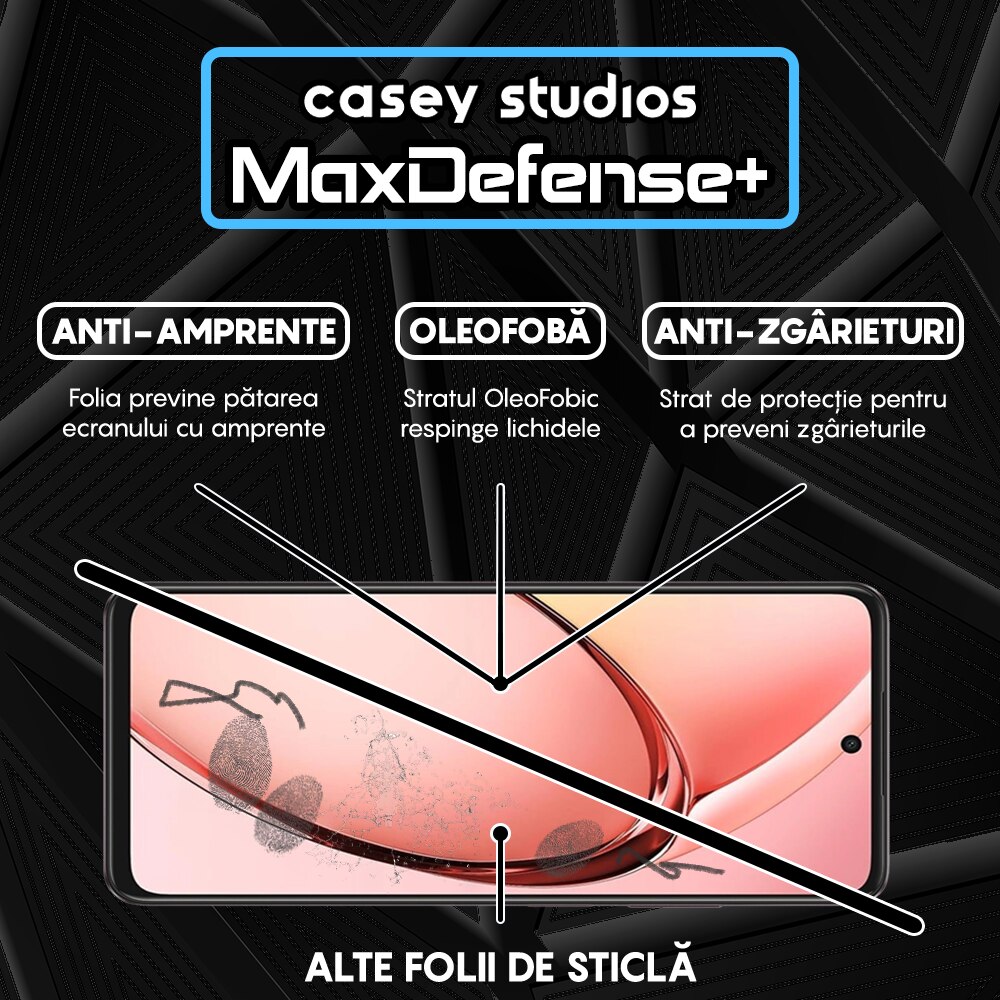Folie Sticla CASEY STUDIOS™ compatibila cu Oppo A60, MaxDefense+, Anti Zgarieturi, Full Glue, Full Cover 3D, Protectie Ecran 3D, Duritate Ridicata, Margini Negre