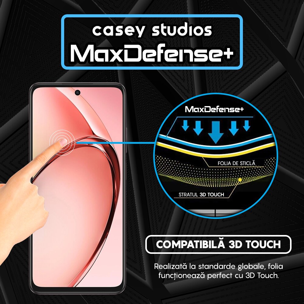 Folie Sticla CASEY STUDIOS™ compatibila cu Oppo A60, MaxDefense+, Anti Zgarieturi, Full Glue, Full Cover 3D, Protectie Ecran 3D, Duritate Ridicata, Margini Negre