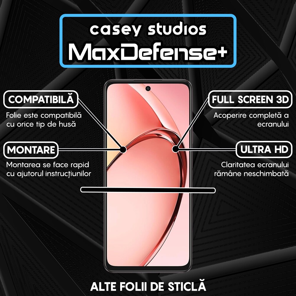 Folie Sticla CASEY STUDIOS™ compatibila cu Oppo A60, MaxDefense+, Anti Zgarieturi, Full Glue, Full Cover 3D, Protectie Ecran 3D, Duritate Ridicata, Margini Negre