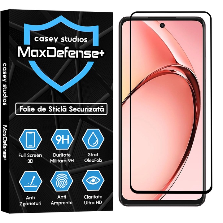 Folie Sticla CASEY STUDIOS™ compatibila cu Oppo A60, MaxDefense+, Anti Zgarieturi, Full Glue, Full Cover 3D, Protectie Ecran 3D, Duritate Ridicata, Margini Negre
