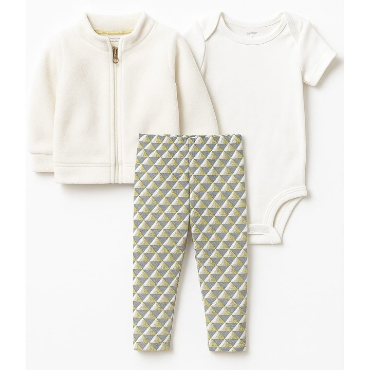 Compleu copii Carter's, 3 piese, jachetă fleece, body, pantaloni, alb, 74cm