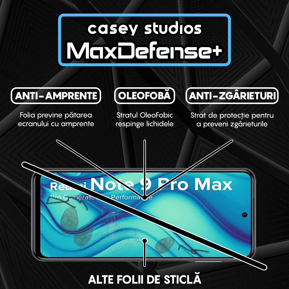 Folie Sticla CASEY STUDIOS™ compatibila cu Xiaomi Redmi Note 9 Pro / Redmi Note 9 Pro Max / Redmi Note 9S, MaxDefense+, Anti Zgarieturi, Full Glue, Full Cover 3D, Protectie Ecran 3D, Duritate Ridicata, Margini Negre