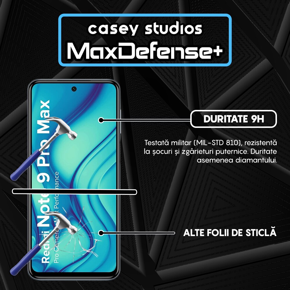 Folie Sticla CASEY STUDIOS™ compatibila cu Xiaomi Redmi Note 9 Pro / Redmi Note 9 Pro Max / Redmi Note 9S, MaxDefense+, Anti Zgarieturi, Full Glue, Full Cover 3D, Protectie Ecran 3D, Duritate Ridicata, Margini Negre