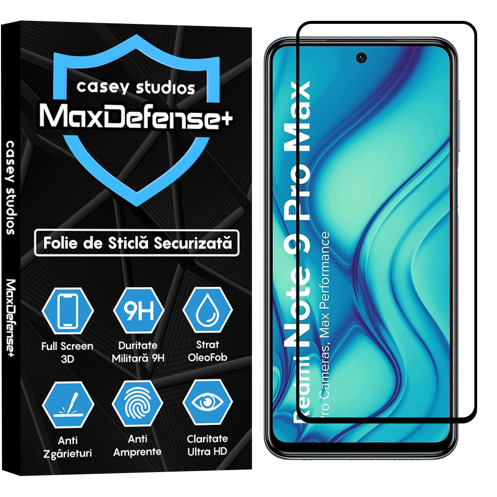 Folie Sticla CASEY STUDIOS™ compatibila cu Xiaomi Redmi Note 9 Pro / Redmi Note 9 Pro Max / Redmi Note 9S, MaxDefense+, Anti Zgarieturi, Full Glue, Full Cover 3D, Protectie Ecran 3D, Duritate Ridicata, Margini Negre