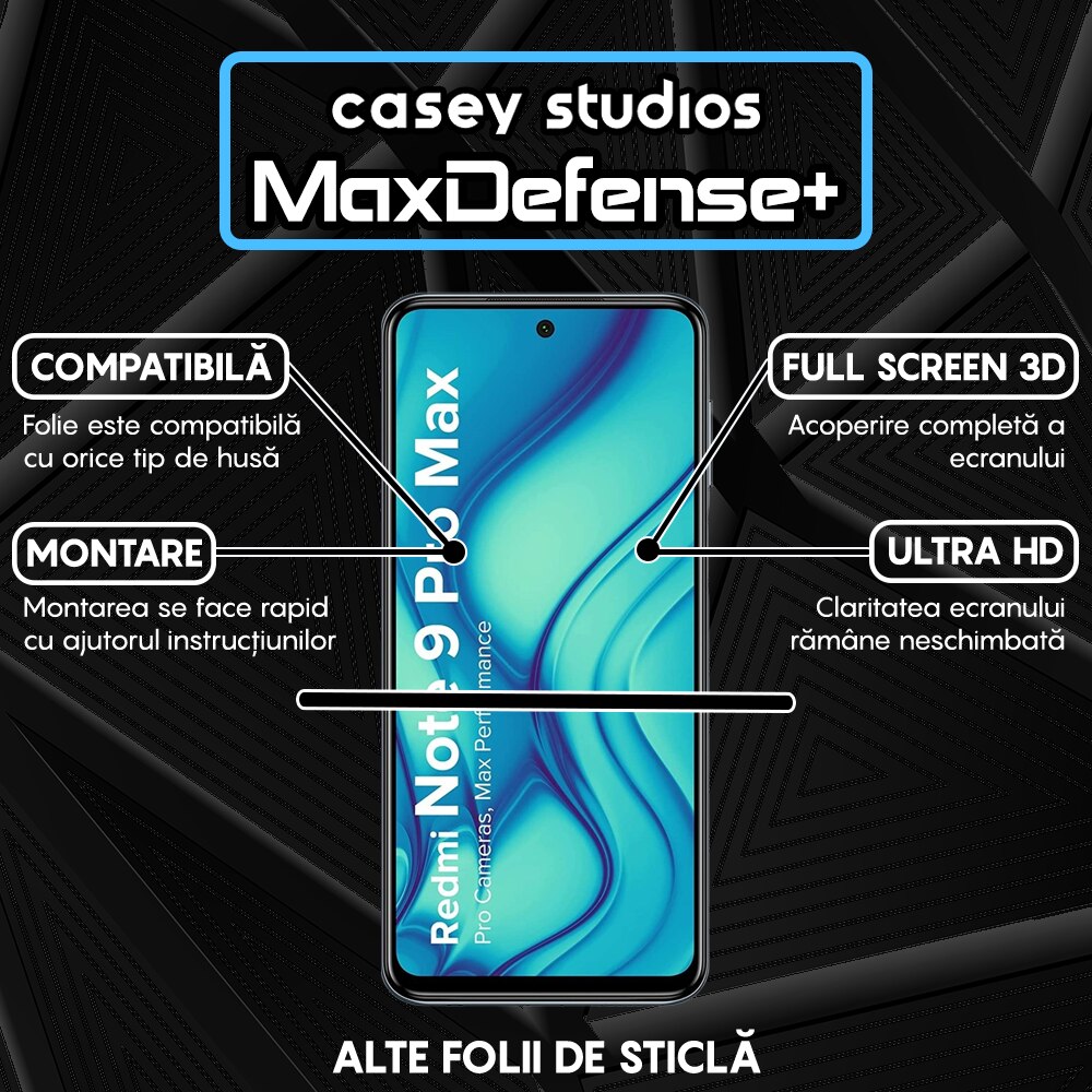 Folie Sticla CASEY STUDIOS™ compatibila cu Xiaomi Redmi Note 9 Pro / Redmi Note 9 Pro Max / Redmi Note 9S, MaxDefense+, Anti Zgarieturi, Full Glue, Full Cover 3D, Protectie Ecran 3D, Duritate Ridicata, Margini Negre