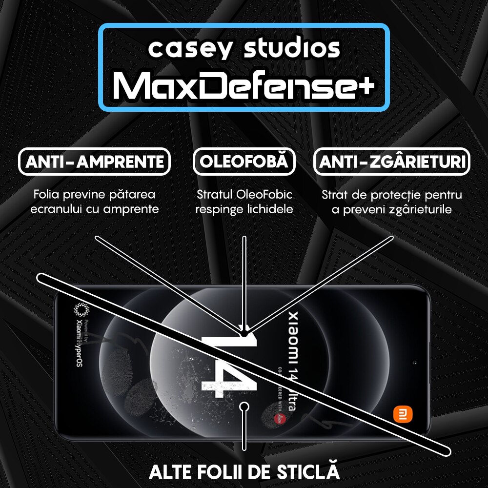Folie Sticla CASEY STUDIOS™ compatibila cu Xiaomi 14 Ultra, MaxDefense+, Anti Zgarieturi, Full Glue, Full Cover 3D, Protectie Ecran 3D, Duritate Ridicata, Margini Negre