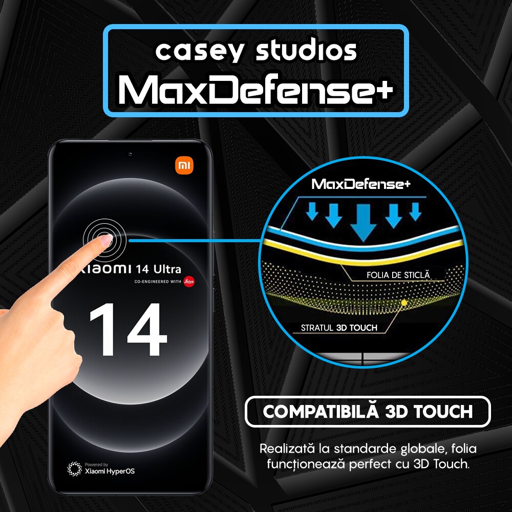 Folie Sticla CASEY STUDIOS™ compatibila cu Xiaomi 14 Ultra, MaxDefense+, Anti Zgarieturi, Full Glue, Full Cover 3D, Protectie Ecran 3D, Duritate Ridicata, Margini Negre