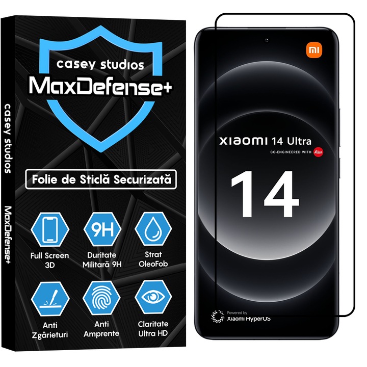 Folie Sticla CASEY STUDIOS™ compatibila cu Xiaomi 14 Ultra, MaxDefense+, Anti Zgarieturi, Full Glue, Full Cover 3D, Protectie Ecran 3D, Duritate Ridicata, Margini Negre