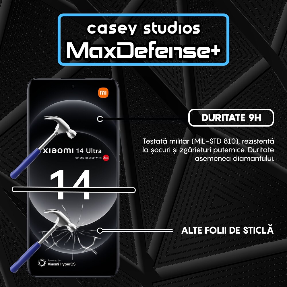 Folie Sticla CASEY STUDIOS™ compatibila cu Xiaomi 14 Ultra, MaxDefense+, Anti Zgarieturi, Full Glue, Full Cover 3D, Protectie Ecran 3D, Duritate Ridicata, Margini Negre