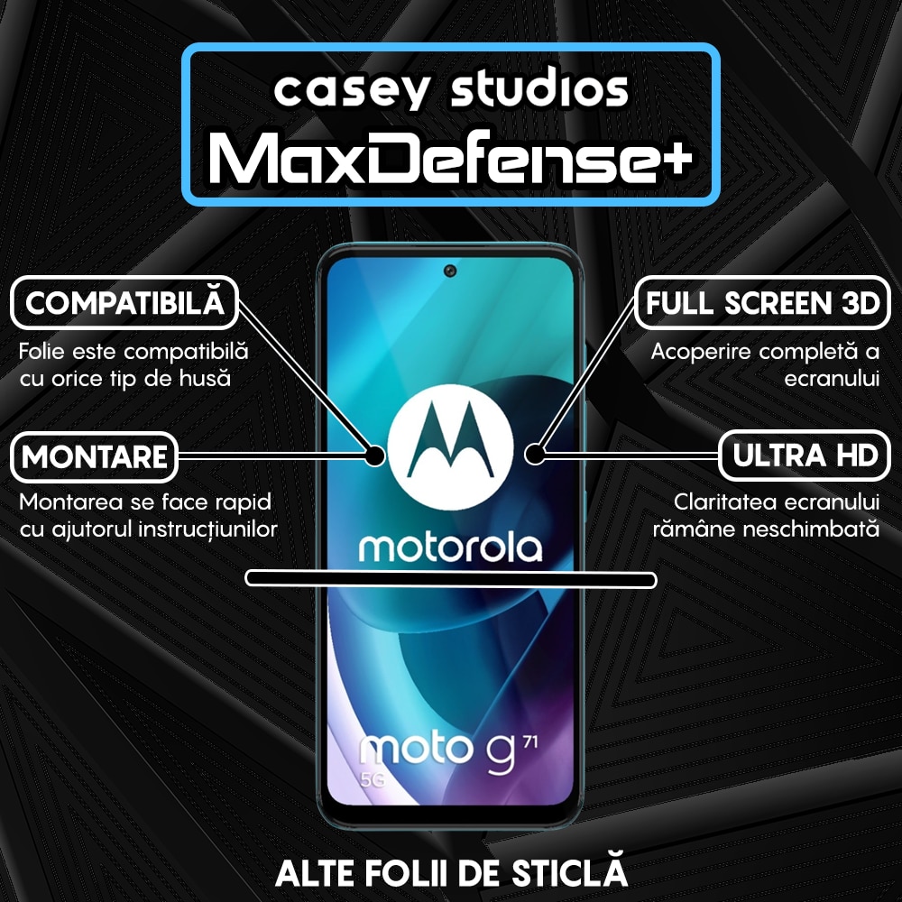 Folie Sticla CASEY STUDIOS™ compatibila cu Motorola Moto G31 / Moto G41 / Moto G62 5G / Moto G71 5G, MaxDefense+, Anti Zgarieturi, Full Glue, Full Cover 3D, Protectie Ecran 3D, Duritate Ridicata, Margini Negre
