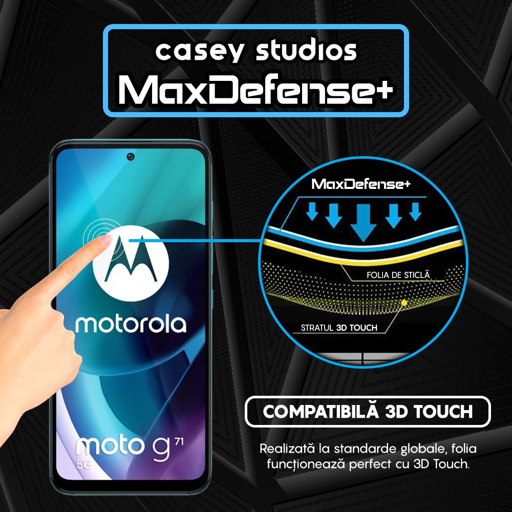 Folie Sticla CASEY STUDIOS™ compatibila cu Motorola Moto G31 / Moto G41 / Moto G62 5G / Moto G71 5G, MaxDefense+, Anti Zgarieturi, Full Glue, Full Cover 3D, Protectie Ecran 3D, Duritate Ridicata, Margini Negre