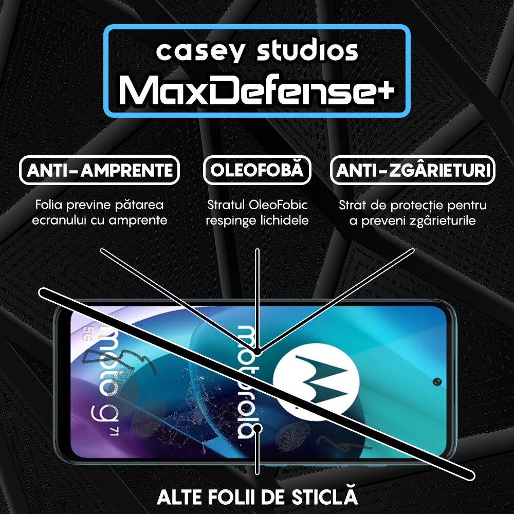 Folie Sticla CASEY STUDIOS™ compatibila cu Motorola Moto G31 / Moto G41 / Moto G62 5G / Moto G71 5G, MaxDefense+, Anti Zgarieturi, Full Glue, Full Cover 3D, Protectie Ecran 3D, Duritate Ridicata, Margini Negre
