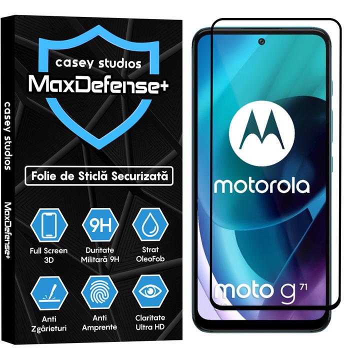 Folie Sticla CASEY STUDIOS™ compatibila cu Motorola Moto G31 / Moto G41 / Moto G62 5G / Moto G71 5G, MaxDefense+, Anti Zgarieturi, Full Glue, Full Cover 3D, Protectie Ecran 3D, Duritate Ridicata, Margini Negre