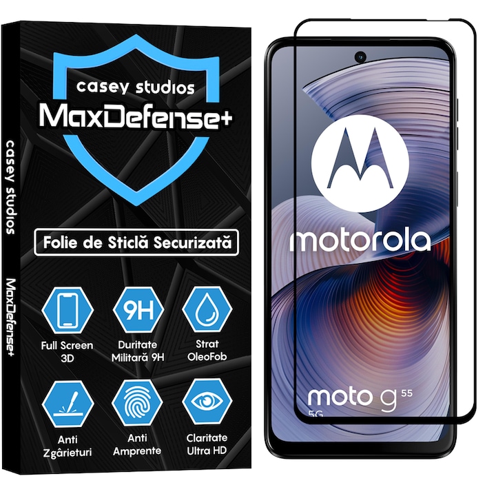 Folie Sticla CASEY STUDIOS™ compatibila cu Motorola Moto G55, MaxDefense+, Anti Zgarieturi, Full Glue, Full Cover 3D, Protectie Ecran 3D, Duritate Ridicata, Margini Negre