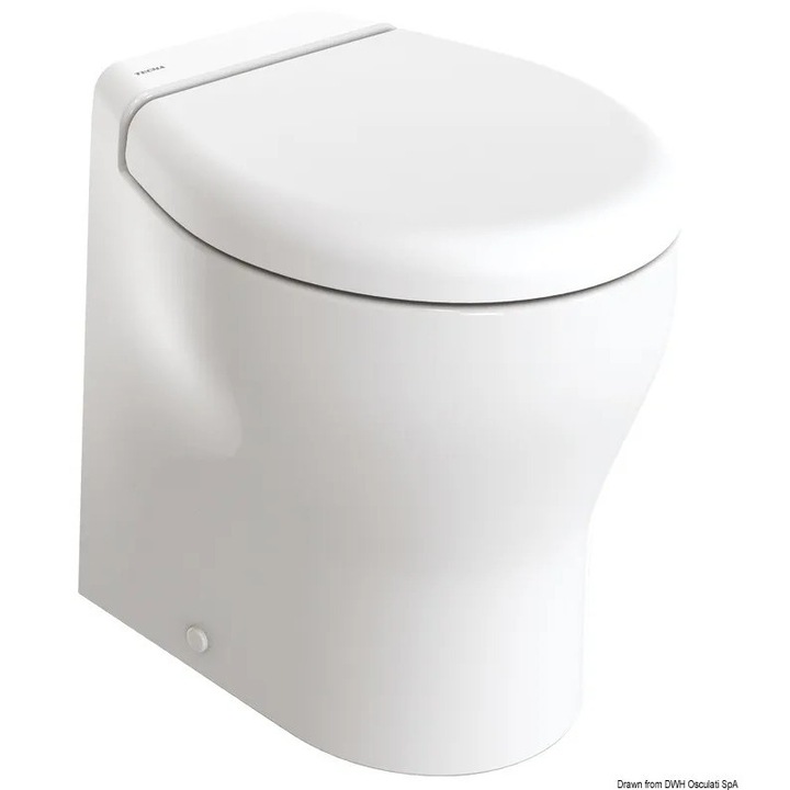 Тоалетна чиния Tecma Elegance 2G, високо тяло, 12V, малка тоалетна чиния, дължина 430 мм, полиестерна седалка, включен контролен панел, вграден соленоид. Необходима е водна помпа за високо налягане (код 16.525.12/16.525.24 или подобен)