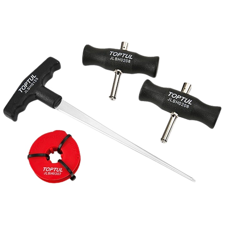 Комплект за демонтиране на предно стъкло TOPTUL JGAR0403 от 4 части, триъгълен кабел 2,2 метра, 2 x дръжки за рязане на кабели, 1 x шип за кабел