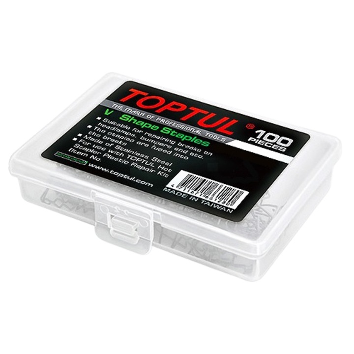 Комплект скоби за ремонт на пластмаса TOPTUL JLAV0306, V-образен модел, диаметър на телта 0.6 мм, неръждаема стомана, 100 броя