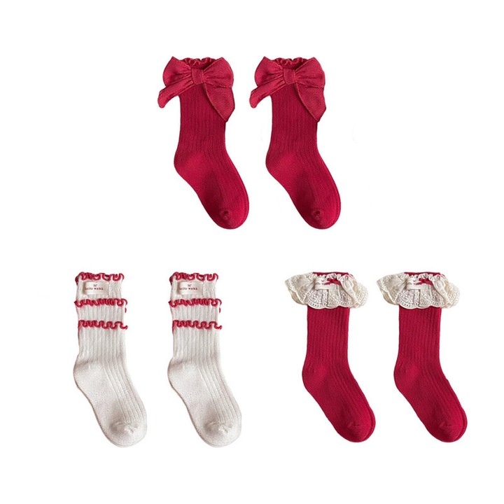 Sosete pentru copii, 3 perechi, marimea XL, potrivite pentru 9-12 ani, funda rosie si dantela, albe