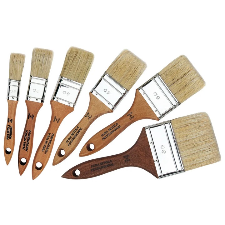 Pensula Profesionala cu Manere din Lemn de Nuc, Peri Blonzi Puri, Inel din Nichel, Latime Peri 40x14 mm, Lungime Peri 51 mm, pentru Lacuire si Vopsire