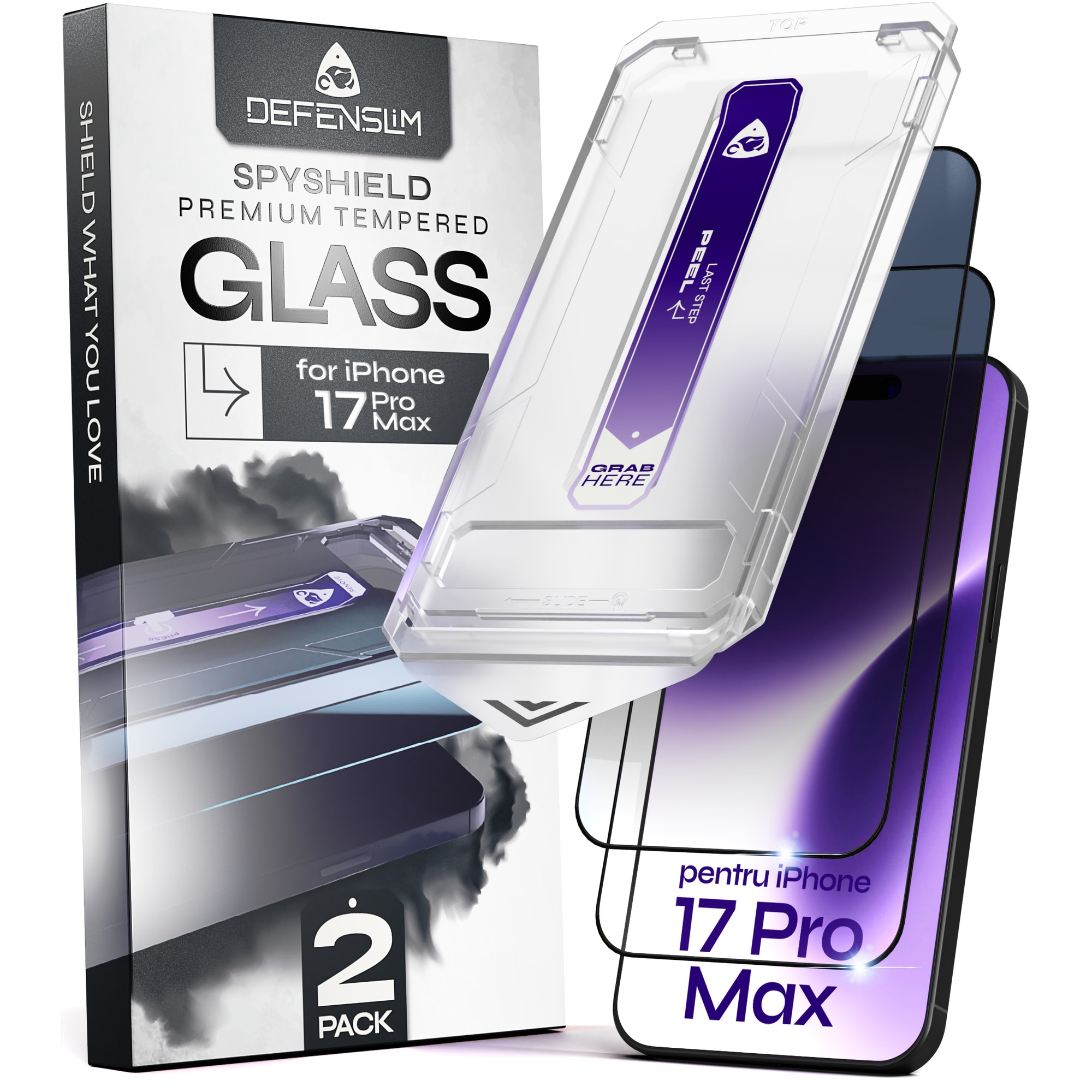 Set 2 Folii sticla Privacy pentru iPhone 17 PRO MAX, 6.9", DefenSlim, Privacy Glass, montaj rapid 30 sec cu Easy Install Kit