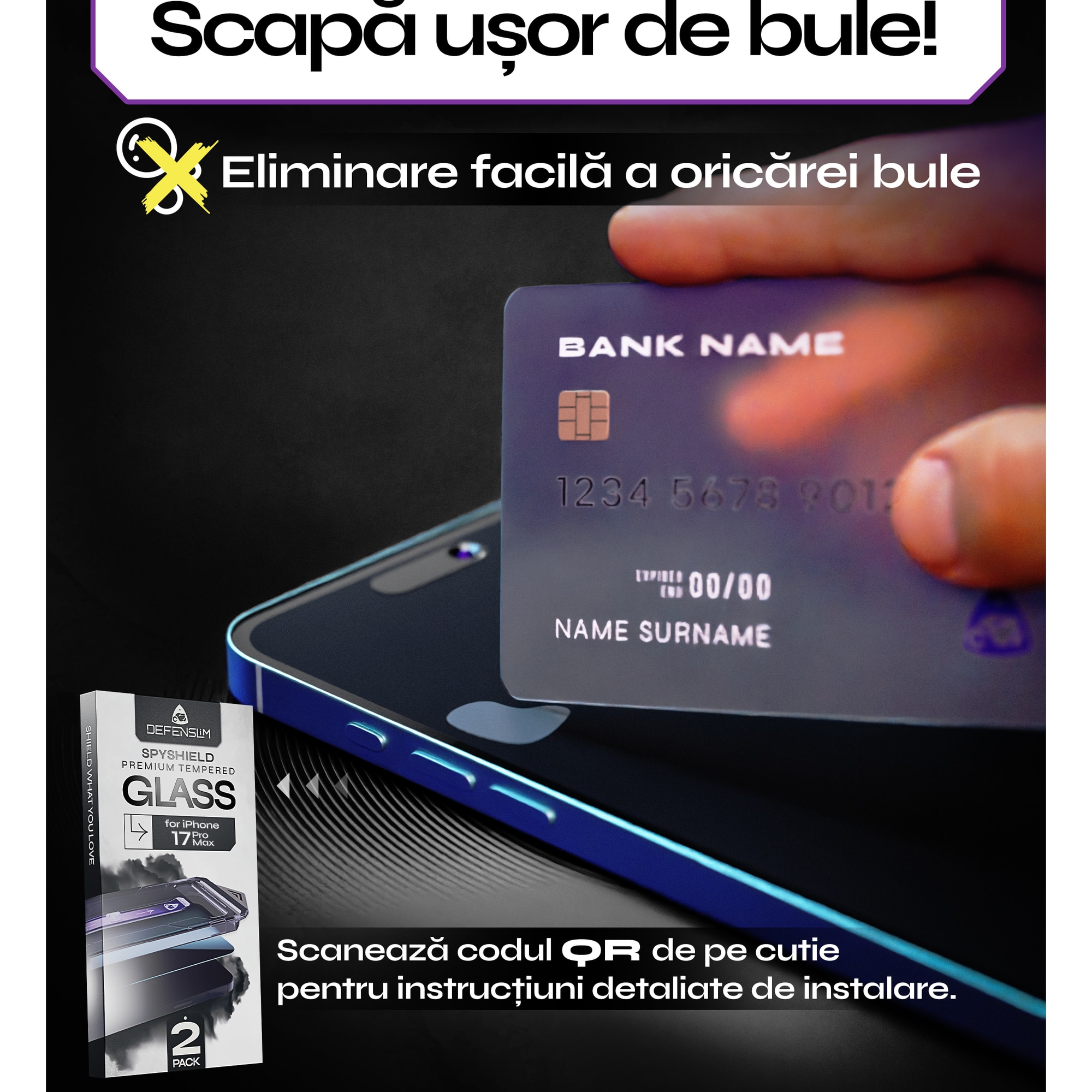 Set 2 Folii sticla Privacy pentru iPhone 17 PRO MAX, 6.9", DefenSlim, Privacy Glass, montaj rapid 30 sec cu Easy Install Kit