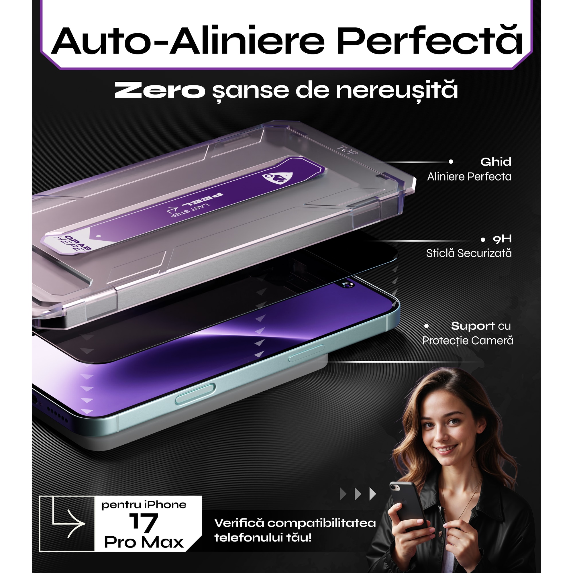 Set 2 Folii sticla Privacy pentru iPhone 17 PRO MAX, 6.9", DefenSlim, Privacy Glass, montaj rapid 30 sec cu Easy Install Kit