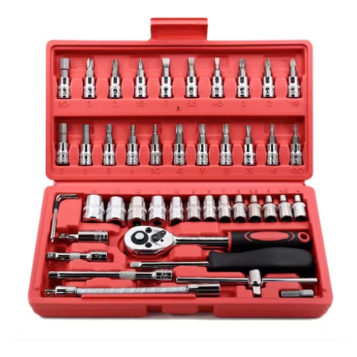 Комплект гаечни ключове с тресчотка и битове, 46 части, 1/4”, с гъвкави удължители и адаптер, в кутия-органайзер, хром, UNIVERS®