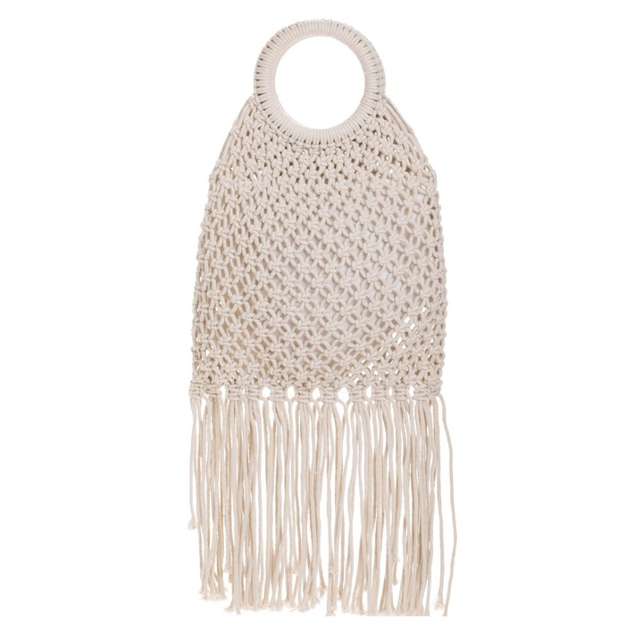 Makramé pénztárca fa fogantyúkkal és rojtokkal, nőknek, 30x39cm