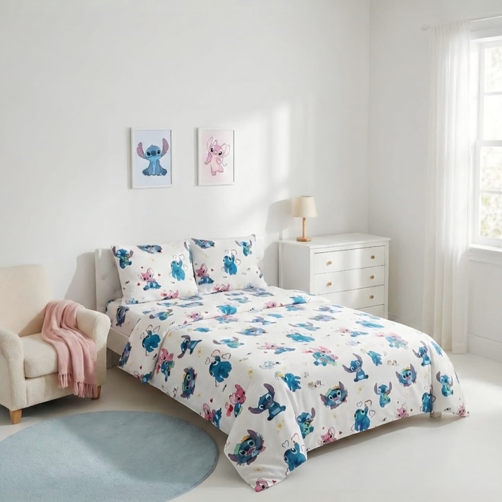 Lenjerie de pat cu Stitch, Casa Bumbac Textil by Edural, 6 piese, cearsaf 240 x 260 cm, 100% bumbac ranforce