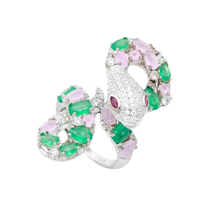 Inel Argint Sarpe cu Pietre Cuart Verzi si Roz 17