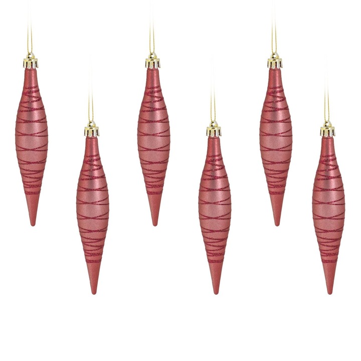 Set ornamente de craciun turturi roz cu dungi glitter 16cm - 6buc