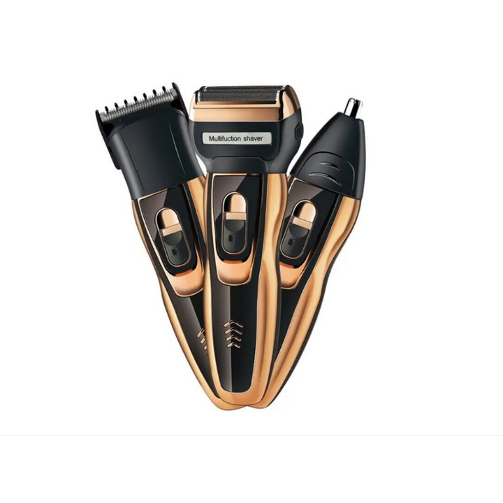 Trimmer Electric Multifunctional 3 in 1 Geemy GM-595, pentru Barba, Par si Nas, Lame Inox, Negru-Auriu