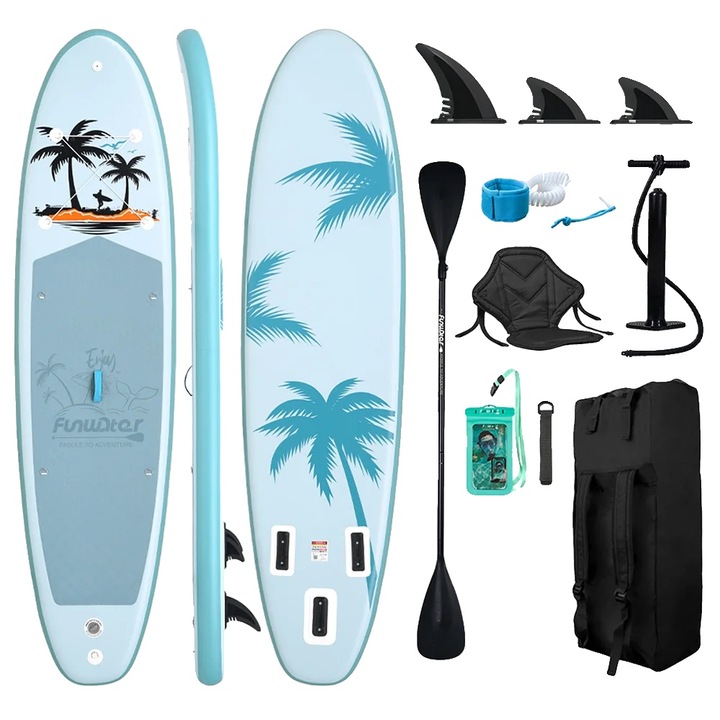 Дъска за гребане стендъп, 3 перки, противоплъзгаща EVA подложка, синя, 335x84x15см, пълен комплект