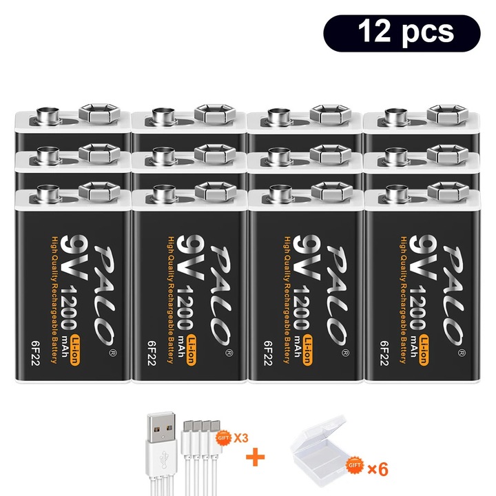 Set 12 Baterii Reincarcabile Lithium-ion 9V, Capacitate 1200mAh, Tip-C