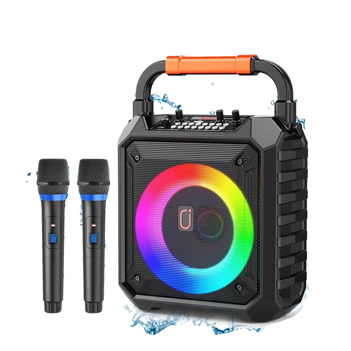 Sistem karaoke portabil cu microfoane wireless si lumini LED, negru, 15W, 6.5 inch