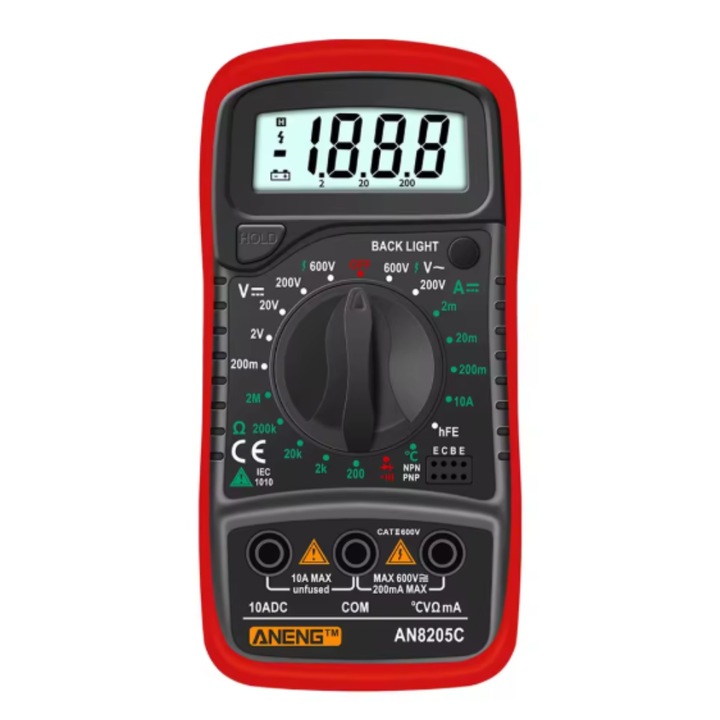 Multimetru digital, ANENG, AN8205C, 1999 valori, masurare tensiune AC/DC, curent, rezistenta, temperatura, hFE, LCD iluminat