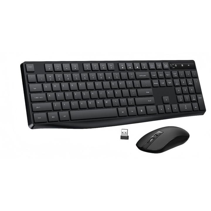 Комплект безжична клавиатура и мишка, 2.4G, пълна със 104 клавиша, ергономична, черна