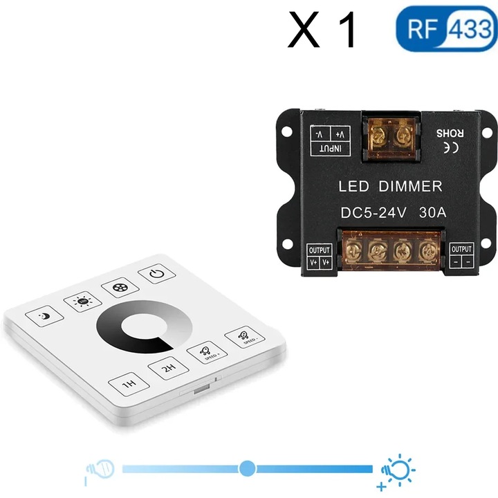 LED Dimmer Kapcsoló RF433-hoz, 5V-24V (Kompatibilis 12V/24V) 30A Állítható Fényerő Vezérlő, Vezeték Nélküli Fali Kapcsoló LED Szalagokhoz és Világítási Rendszerekhez