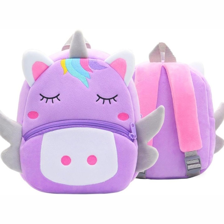 Rucsac de plus Malvys® – Unicorn Mov „Lilacorn” 26 cm, Ghiozdan Moale si Colorat pentru Fetite 2-7 ani