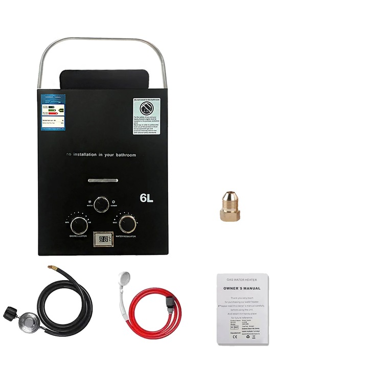 Incalzitor de apa pe gaz, 12kW, design portabil, negru, 52x32x18.5cm