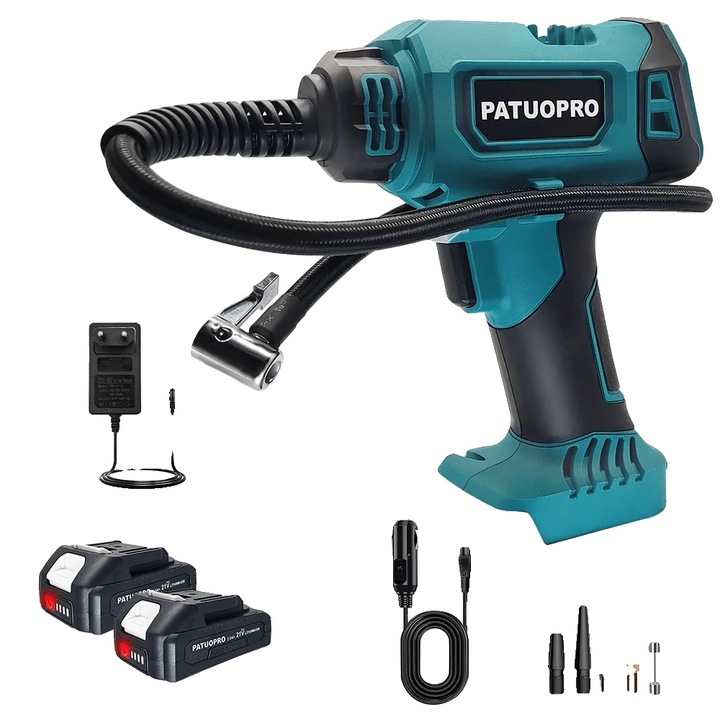 Elektromos gumiabroncs-felfújó, 2 db 2.0Ah, hordozható kialakítás, maximális nyomás 150 PSI, beépített LED-del