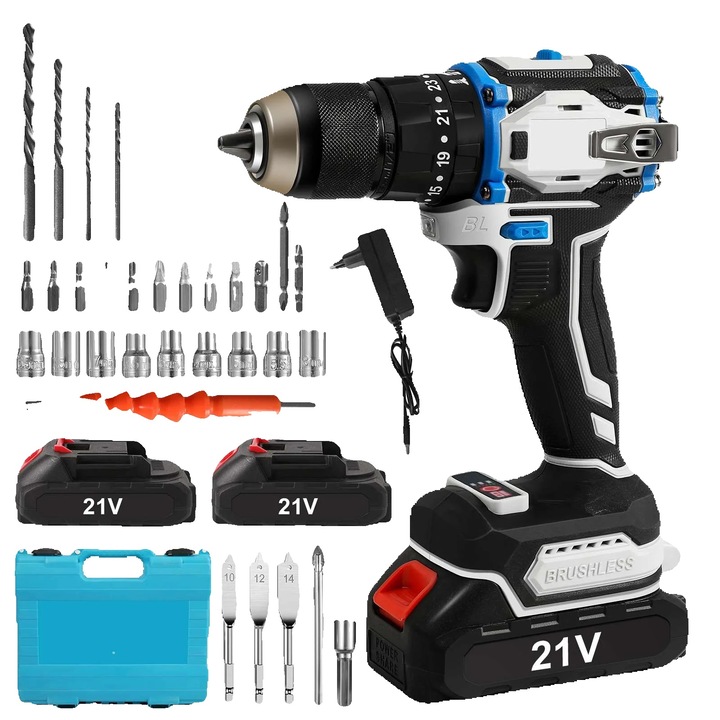 Masina de gaurit si insurubat fara fir, 70 Nm, 2 viteze, set complet cu 31 accesorii, 2 acumulatori