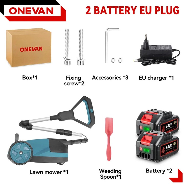 Elektromos fűnyíró, Onevan, akkus működés, állítható vágási magasság