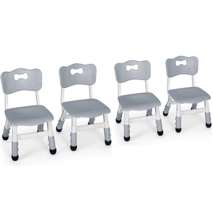 Scaune pentru copii, Set 4 bucati, Reglabile pe inaltime 53–57 cm, Stivuibile, Antiderapante, Plastic, Max 100 kg, Gri