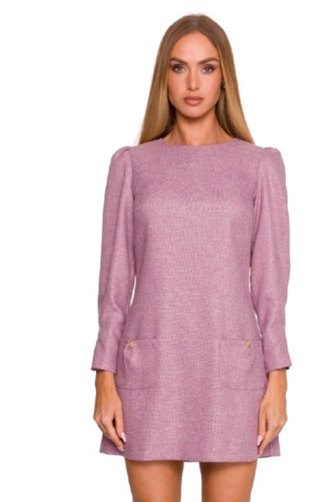 Мини рокля, M870 Marsala Tweed, Дълги ръкави, Деколте тип лодка, Пришити джобове с декоративни панделки, Трапецовидна кройка, Скрит цип на гърба