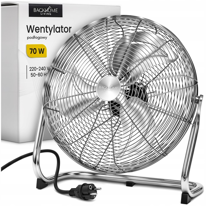 Ventilator De Podea, Backhome Living, Otel Inoxidabil, Putere 70 W, 4 Trepte De Viteza, Reglare Unghi De Inclinare, 50 cm, Argintiu